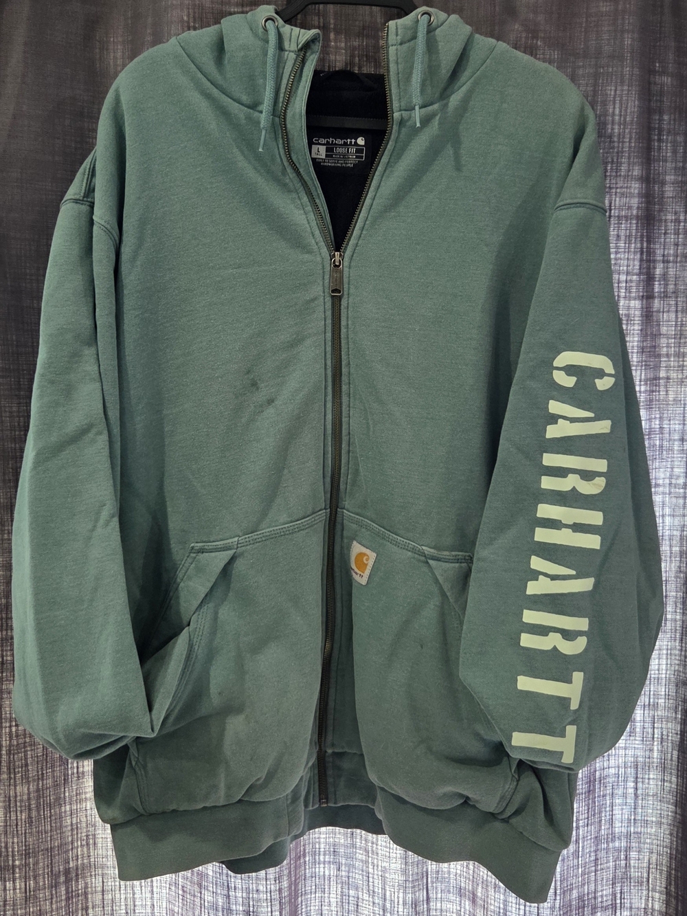 Carhartt Green Zip-Up Hooded Sweatshirt with Sleeve Logo